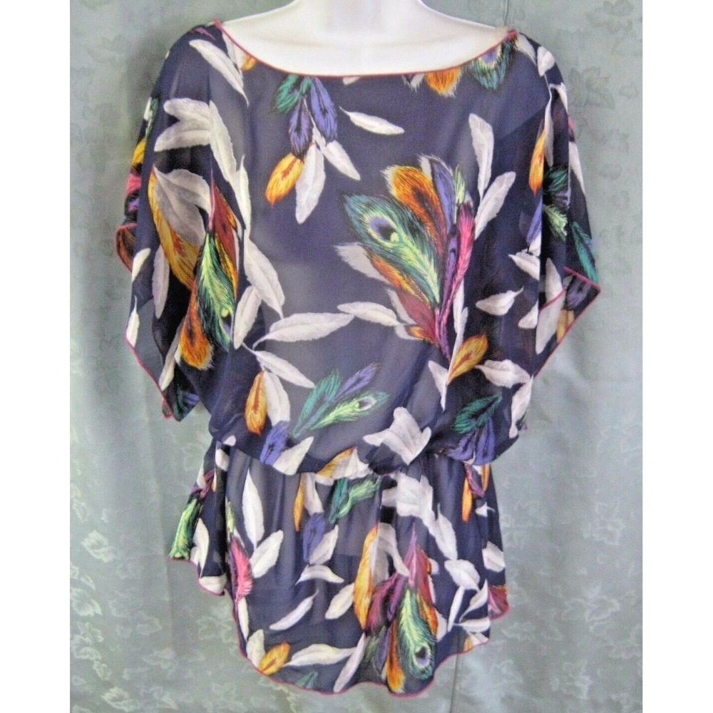 Miken Sheer Top Size Medium Feather Print Dolman Sleeve Blouse